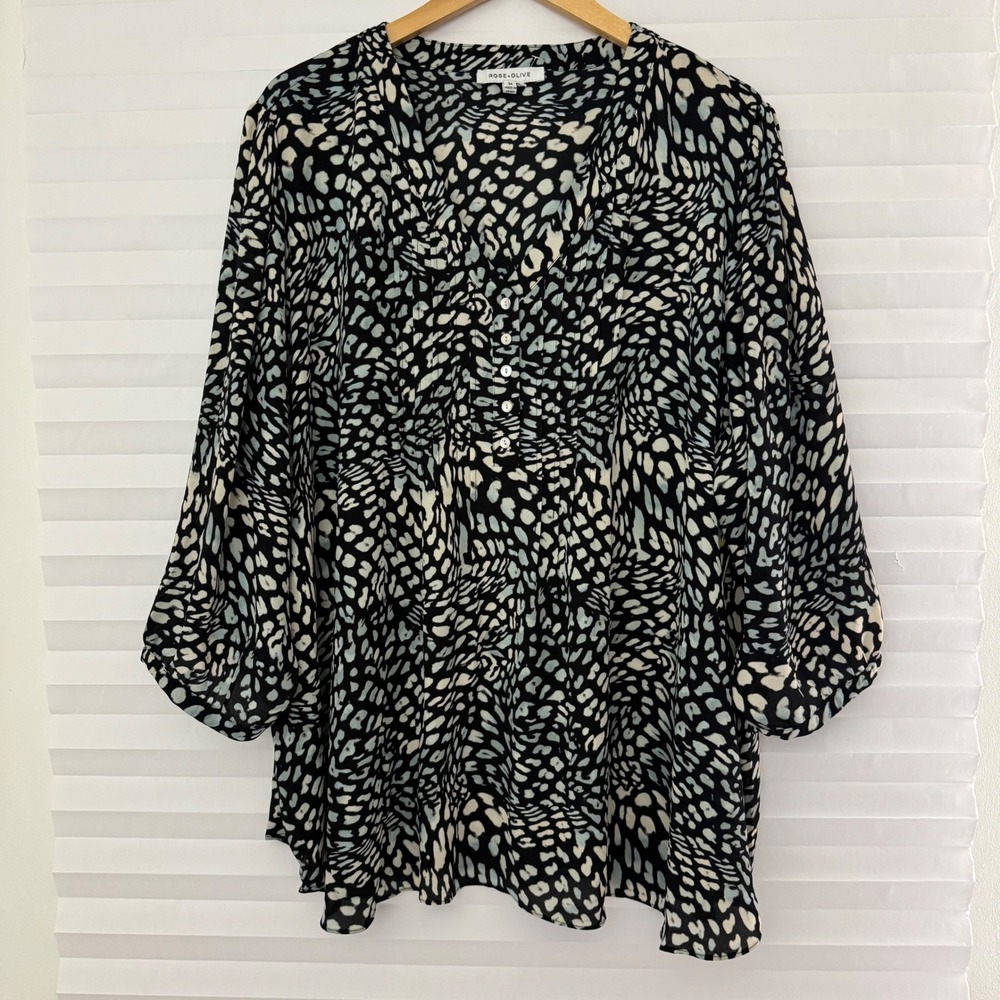Rose + Olive Womens 3X Abstract Animal Print Pintuck V-Neck Blouse 3/4 Sleeve